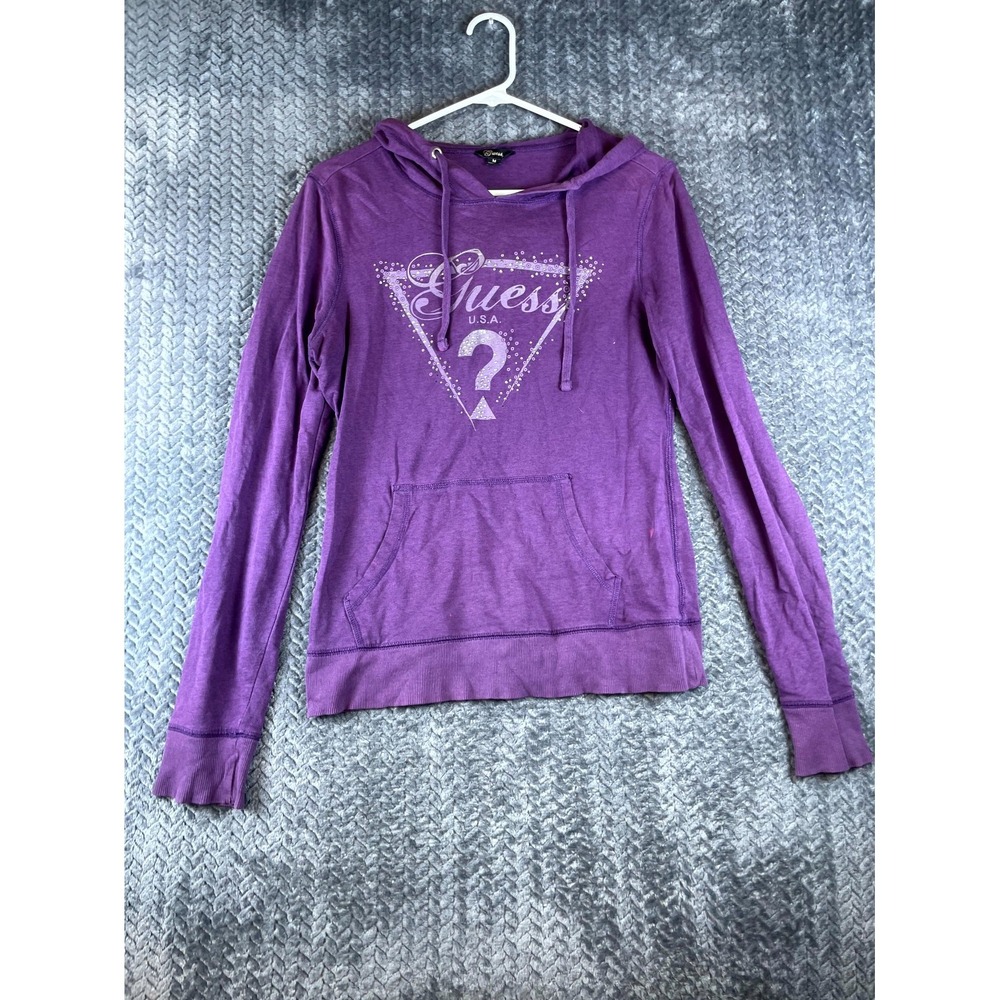 Guess Hoodie Womens Medium Purple Cotton Stretch Triangle Logo Beaded Ribbed Hem